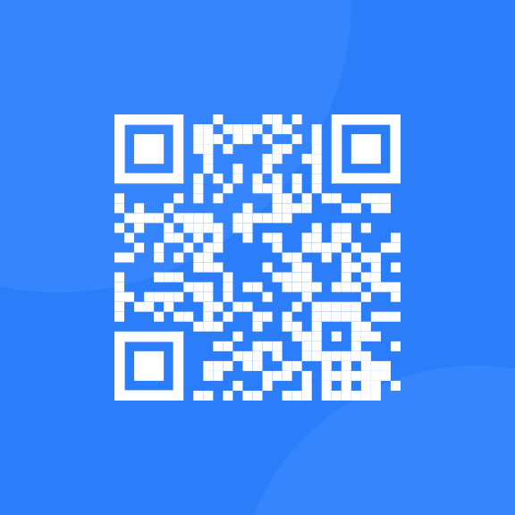 A QR code of white color with blue background and a quarter circle on the bottom right edge of slightly lighter blue.